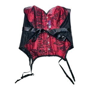 Adore Me Lace Strapless Corset Size 0X Lace Up Red Black Garter Clips Lingerie